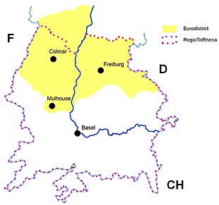 L'Eurodistrict mis en évidence sur une carte regroupant la France, l'Allemagne et la Suisse.