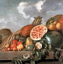 Nature morte avec pastèques, ananas et autres fruits.