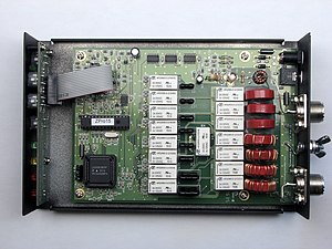 Inside of an automatic antenna tuner, viewed from above