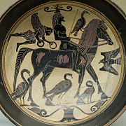 Kilix laconio de figuras negras del llamado Pintor de los jinetes (siglo VI a. C.)
