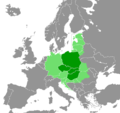 L'Europa Centrale secondo Lonnie R. Johnson (1996)[60]      Paesi generalmente considerati centro-europei, secondo la Banca Mondiale e l'OCSE)      Paesi orientali considerati centro-europei solo secondo una definizione ampia della regione