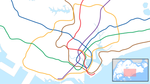 A map of the Singapore rail system, with a colour for each line and a red dot highlighting the location of City Hall station in Singapore.