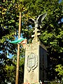 Turul statue on war memorial, Csíkszentmárton (now Sânmartin), Transylvania, Romania (1941)