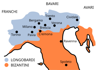 A map of Italy divided in orange and green colors, with a green blot for "Longobard" an orange one for "Byzantine"