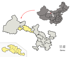 Zhangyen sijainti (keltaisella) Gansun maakunnassa.