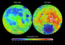 Topografie o the Moon meisurt frae the Lunar Orbiter Laser Altimeter on the mission Lunar Reconnaissance Orbiter, referenced tae a sphere o radius 1737.4 km