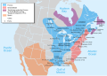 Image 31The colonial possessions of Britain (in pink), France (in blue), and Spain (in orange) as of 1750. The French later lost their possessions in North America to Britain following its defeat in the French and Indian War, fought from 1754 to 1763 (from History of Pennsylvania)