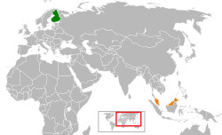 Map indicating locations of Finland and Malaysia