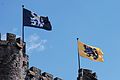 Wapperde vlaggen van Gent (links) en Vlaanderen op het Gravensteen. De stadsvlag van Gent maakt gebruik van een leeuw met een eerder ontwerp dan die van de Vlaamse vlag.