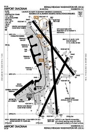 A map showing the terminals runways and other structures of Ronald Reagan Washington National Airport.