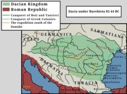 Dacia’s expansions and largest extent under Burebista c. 45 BC