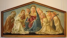 Painting of the Virgin Mary holding the Christ child in her arms, surrounded by several children and an old woman