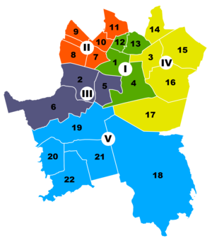 Map of Katowice, showing its 5 districts and 22 neighbourhoods.