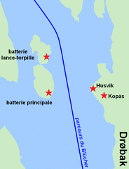 Bataille du détroit de Drøbak: Position de trois batteries d'artillerie côtière et une batterie lance-torpille aérienne lors du passage du Blücher