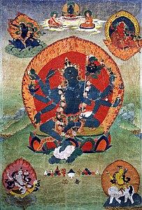 Thanka do Tibete Oriental (século XVIII), com a Tara verde (Samaya Tara Yogini) no centro e as Taras azul, vermelha, branca e amarela nos cantos. Rubin Museum of Art.