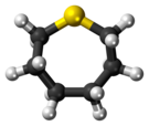 Ball-and-stick model of the thiepane molecule