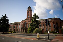 Trafford Town Hall from the corner of Talbot Road and Warwick Road