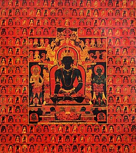 'Dhyani Buda Akshobya'. Thangka tibetana do final do século XIII. Honolulu Museum of Art. O fundo consiste de múltiplas imagens dos Cinco Dhyani Budas.