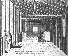 A sketch of a loft, containing a bale of hay, some implements on a wall, and a window at the end