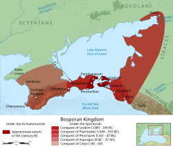 Map showing the early growth of the Bosporan Kingdom, before its annexation by Mithridates VI of Pontus.