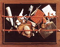 Samuel van Hoogstraten, Feigned Letter Rack with Writing Implements (c. 1655)