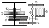 Exemple de transmissió embragable. 1) Motor de tracció. 2) Transmissió lateral. 3) Eix cardan. 4) Fre de transmissió (no habitual). 5) Transmissió reductora per cremallera. 6) Fre de cremallera. 7) Roda dentada. 8) Embragatge i engranatge de transmissió en adhesió.