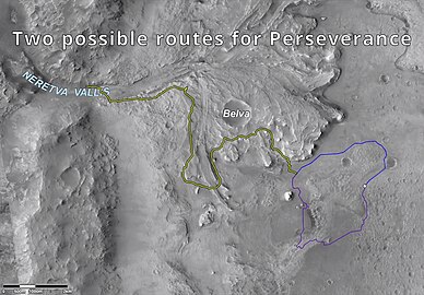 Possible routes for Perseverance for exploration and study in Jezero