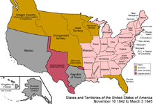 Historical U.S. map, 1843. Most of the eastern states have been established, while the western half remains loosely divided into territories. Mexico and the Republic of Texas share a disputed border.