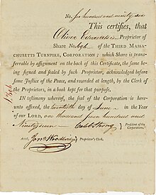 Gründeraktie der Third Massachusetts Turnpike Corporation, ausgestellt am 20. Juni 1797, im Original unterschrieben von Caleb Strong als Präsident