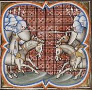 Enluminure anonyme du XIVe siècle (Grandes Chroniques de France, BNF, Ms français 2813, fol. 252v.). Un combat de chevaliers, ici la bataille de Muret gagnée par Simon de Monfort.