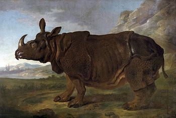 Clara in Paris, lebensgroß vor einer erdachten Landschaft, gemalt von Jean Baptiste Oudry, Öl auf Leinwand