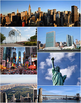 Clockwise from top: Midtown Manhattan, the United Nations Headquarters, the Statue of Liberty, the Brooklyn Bridge, Central Park, Times Square, and the Unisphere in Queens