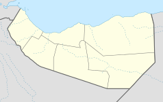 Mapa konturowa Somalilandu, u góry po prawej znajduje się punkt z opisem „Ceerigaabo”