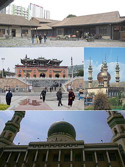 Óramutató járásával megegyező irányban fentről: Ma Bufang-ház, Tuoba mecset, Tong-kuan mecset, Taer templom.