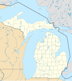 Mapa konturowa Michigan, blisko dolnej krawiędzi znajduje się punkt z opisem „Galien”