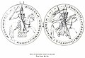 2 dessins ronds avec la légende autour représentants des chevaliers armés à cheval