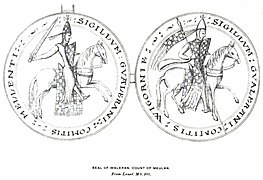 Biface seal of Galéran IV de Meulan Earl of Worcester. Proven use in 1139/1140[Ni 5]. Drawing published in 1894[17].