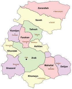 Location of Khondab County in Markazi province (left, yellow)