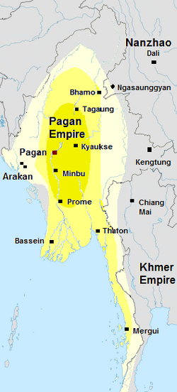 Empayar Pagan, sekitar 1210 (ketika zaman Sithu II). Kawasan utama dalam warna kuning pekat dengan kawasan sampingan dalam warna kuning cair. Kengtung dan Chiang Mai juga didakwa berada di bawah kerajaan Pagan berdasarkan hikayat-hikayat Burma.