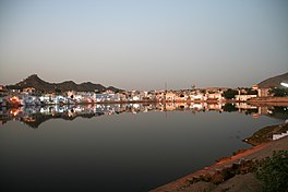 Pushkar lake lit by artificial lights