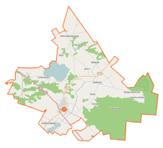 Mapa konturowa gminy Knyszyn, blisko centrum u góry znajduje się punkt z opisem „Ogrodniki”