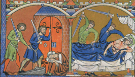 De moord op Isoboset, op een miniatuur in de Maciejowski-Bijbel (fol. 38).