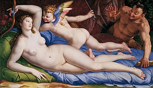 Venus, Cupido y un sátiro, por Angelo Bronzino.