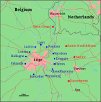 Blå punkter markerar befästningar runt Liège i Belgien, konstruerade av Brialmont 1888-1891. Rött markerar befästningar byggda på 1930-talet.