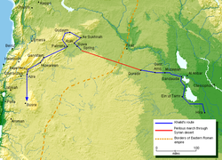 Geographical Map detailing the route of Khalid ibn al-Walid's invasion of Syria