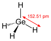 Skeletal chemical structure of a tetrahedral molecule with germanium atom in its center bonded to four hydrogen atoms. The Ge-H distance is 152.51 picometers.