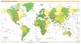 Carte du monde indiquant sa division en fuseaux horaires. UTC+01:00 est globalement au centre de la carte.