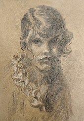 shoulder high charcoal or pencil portrait drawn on a grocery bag of young woman with deep dark eyes, lighter bangs