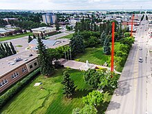 An aerial view of Lloydminster City Hall looking north along the Alberta / Saskatchewan border