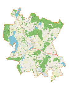 Mapa konturowa gminy Biskupiec, blisko centrum na prawo u góry znajduje się punkt z opisem „Bredynki”